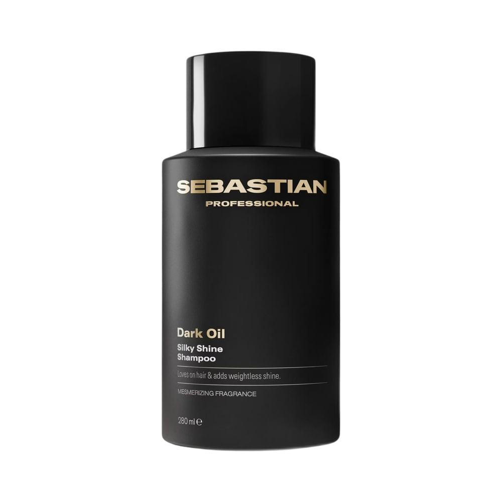 Frasco preto de shampoo Sebastian Dark Oil com detalhes dourados